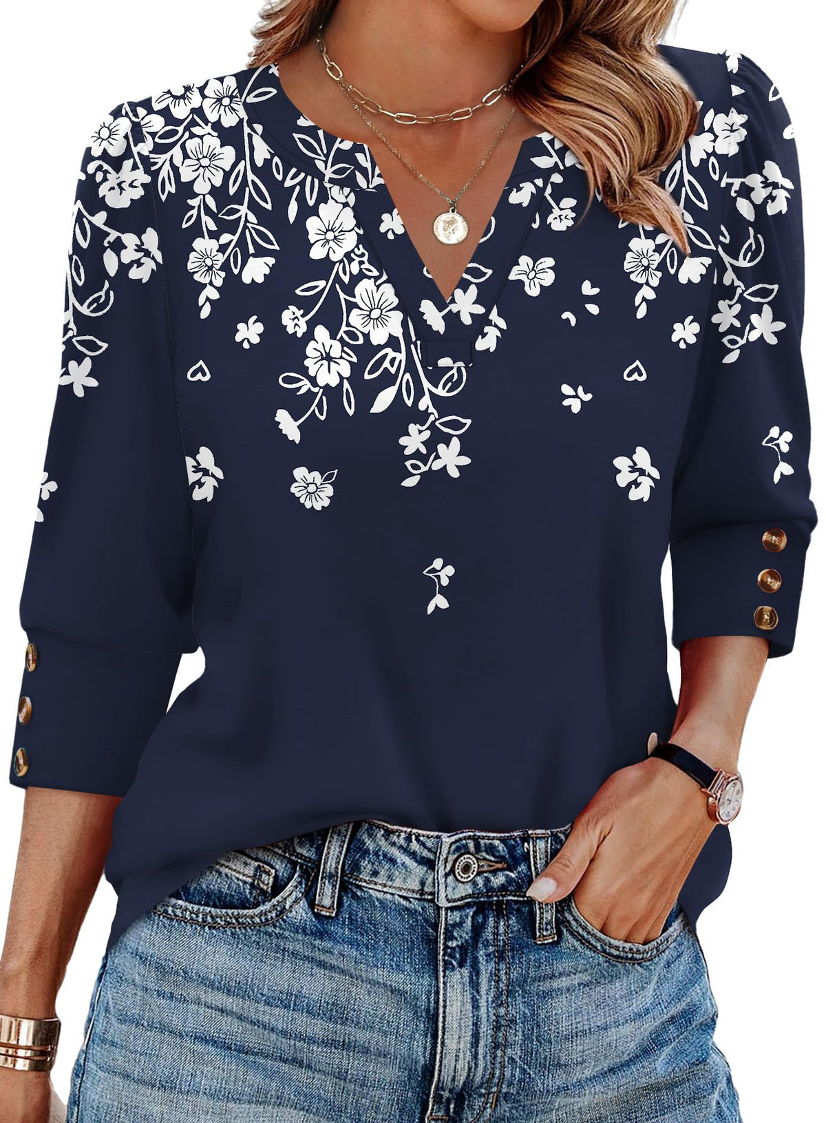 WIHOLL 3/4 Length Sleeve Womens Tops with Button Cuffs Dressy Casual V Neck Summer Outfits Early Fall Fashion Spring Clothes