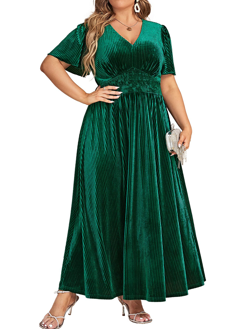 Simplee Women’s V Neck Velvet Maxi Dress Short Sleeve Empire Waist Long Formal Dress for Wedding Guest