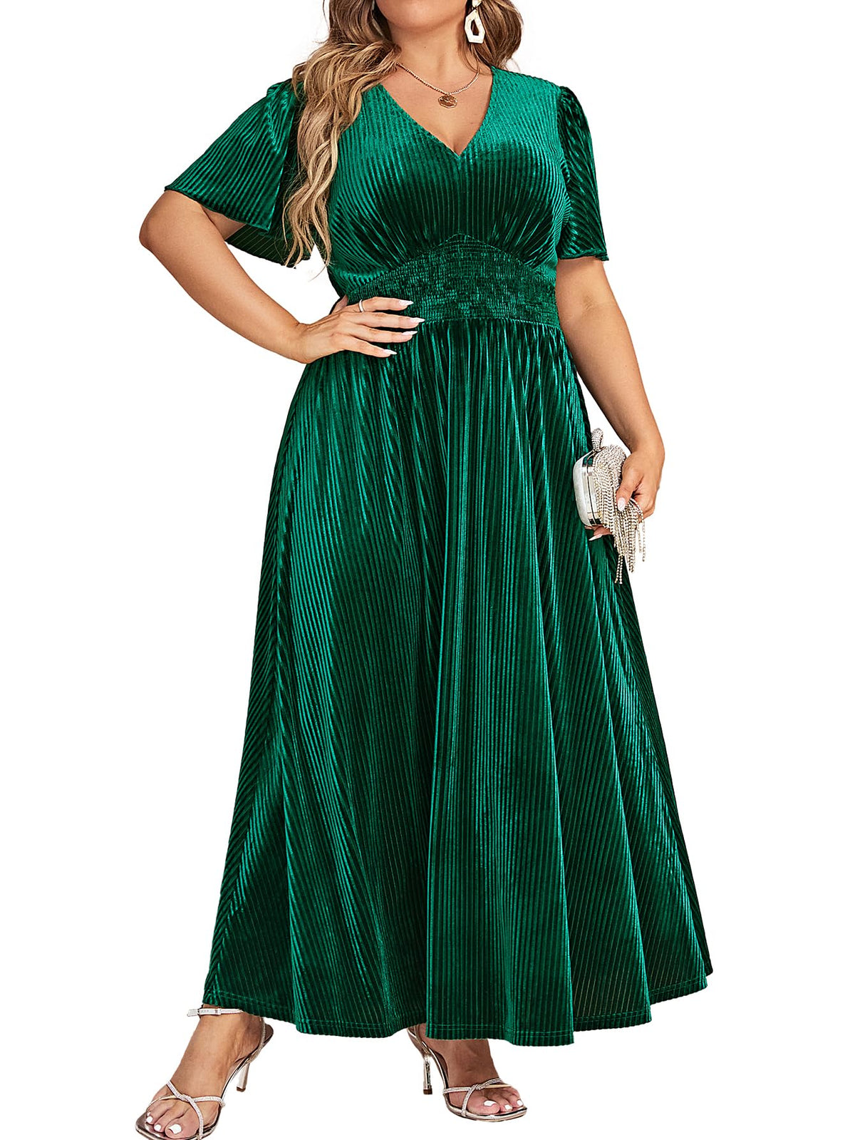 Simplee Women’s V Neck Velvet Maxi Dress Short Sleeve Empire Waist Long Formal Dress for Wedding Guest