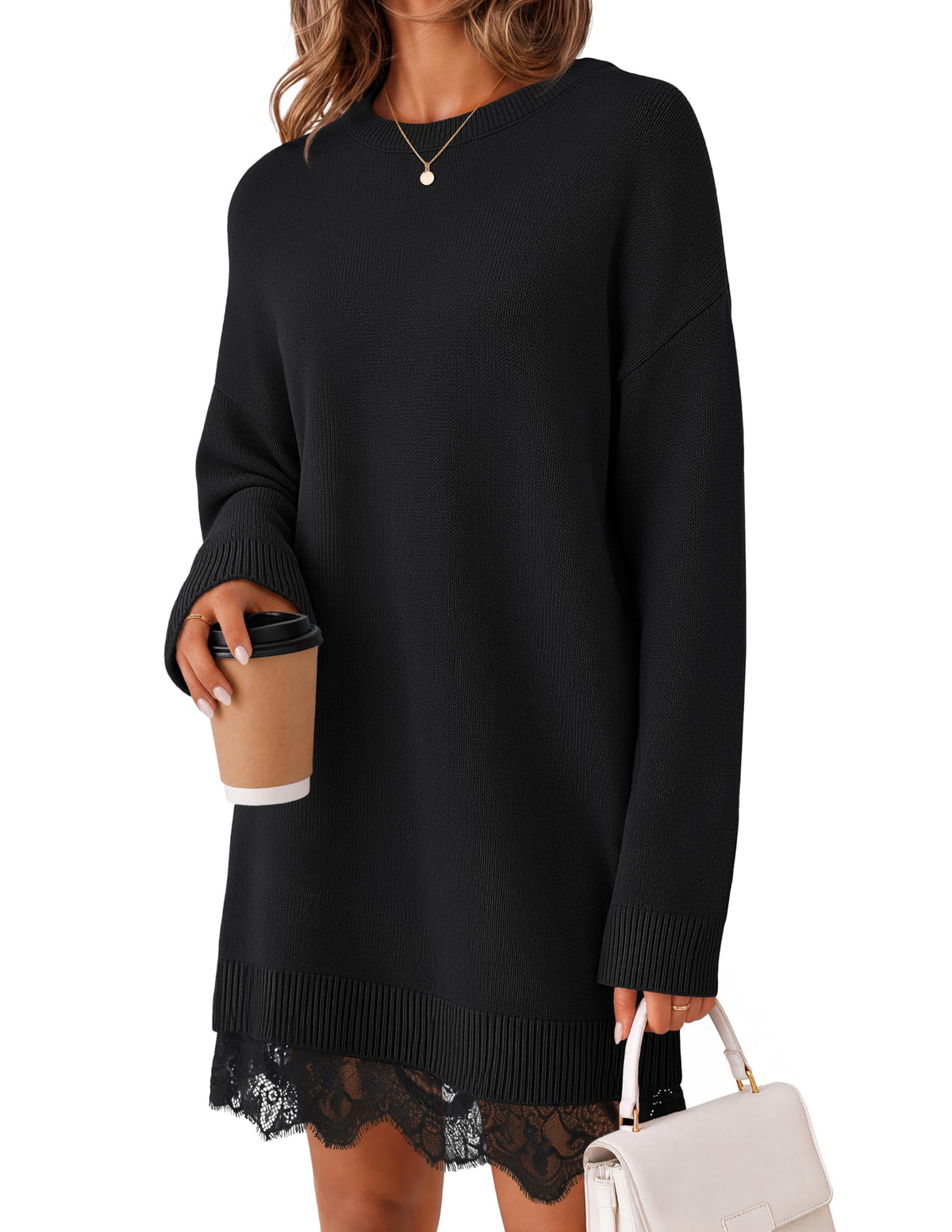 MEROKEETY Women's Fall Long Sleeve Lace Oversized Casual Knit Sweater Dress
