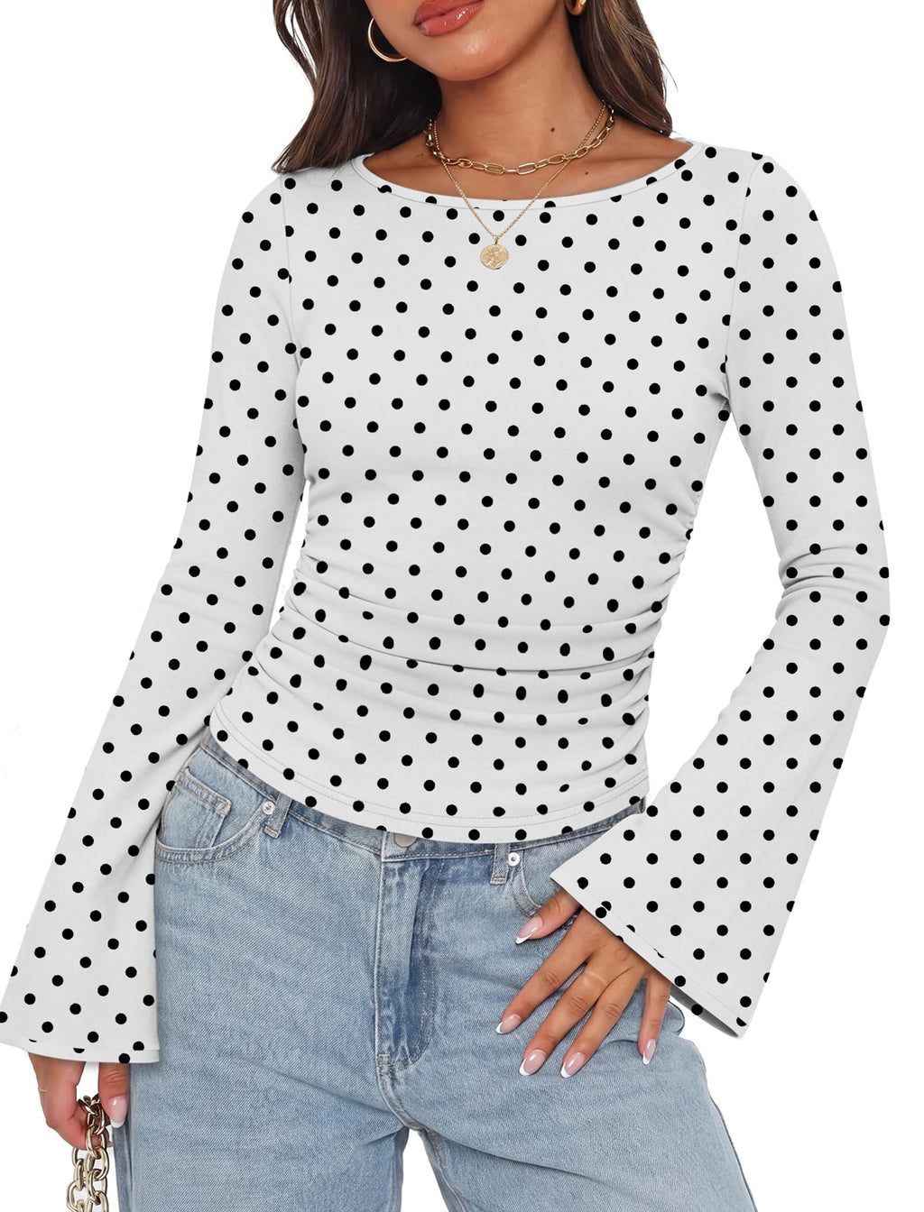 WIHOLL Bell Sleeve Tops for Women Boat Neck Ruched Ribbed Long Sleeve Fall Shirts for Women 2026