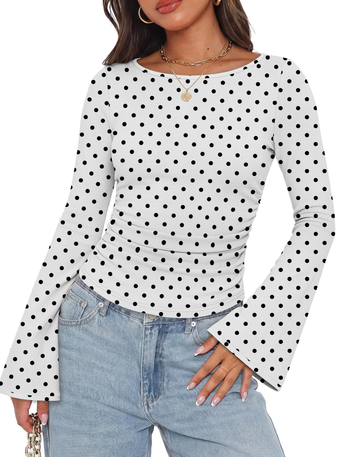 WIHOLL Bell Sleeve Tops for Women Boat Neck Ruched Ribbed Long Sleeve Fall Shirts for Women 2026