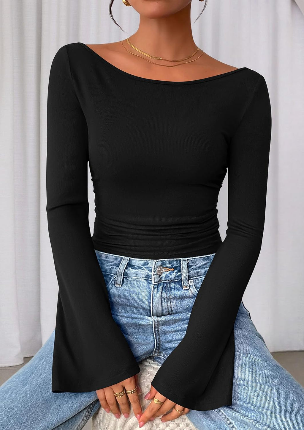 PRETTYGARDEN Womens Bell Long Sleeve Ribbed Knit Tops