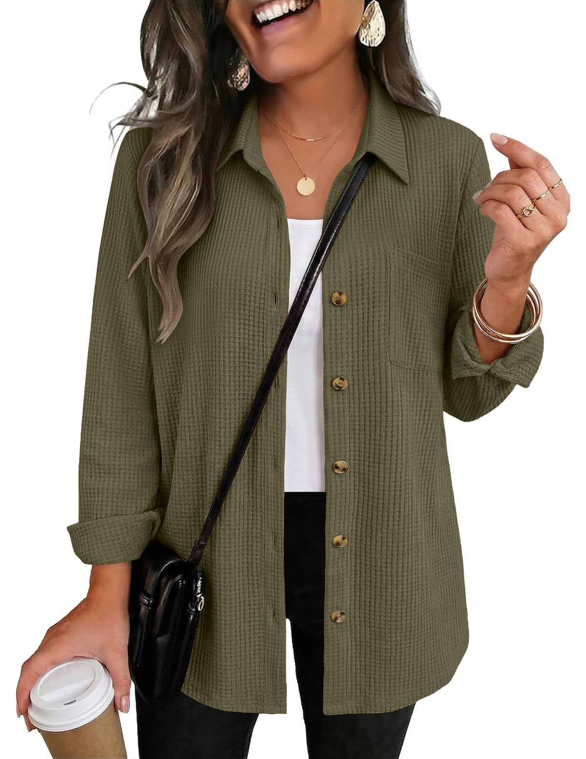 Zeagoo Womens Waffle Knit Shacket Button Down Long Sleeve Tops with Pocket