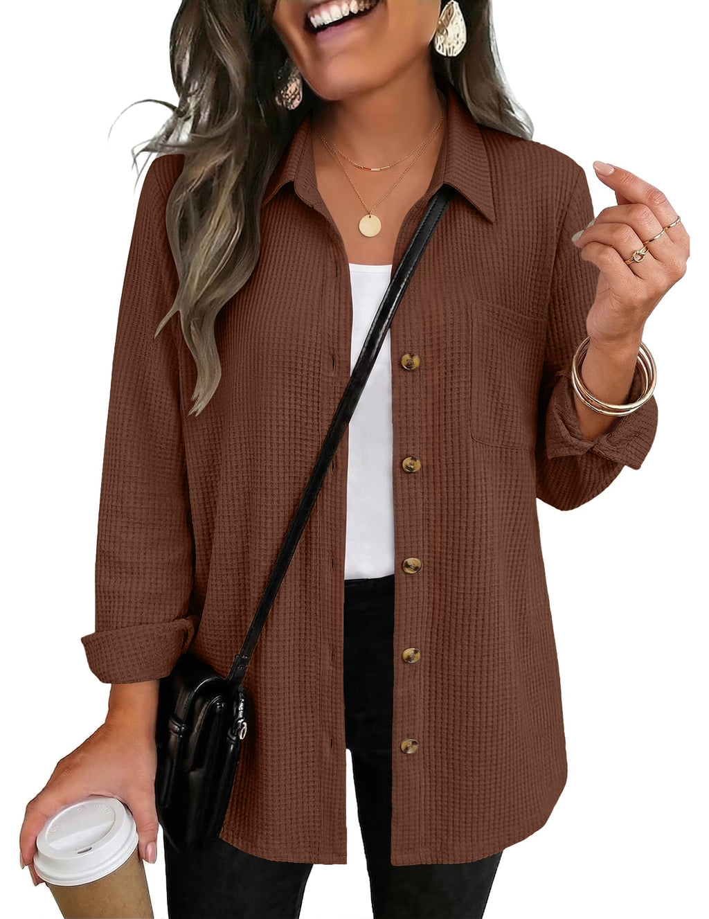 Zeagoo Womens Waffle Knit Shacket Button Down Long Sleeve Tops with Pocket