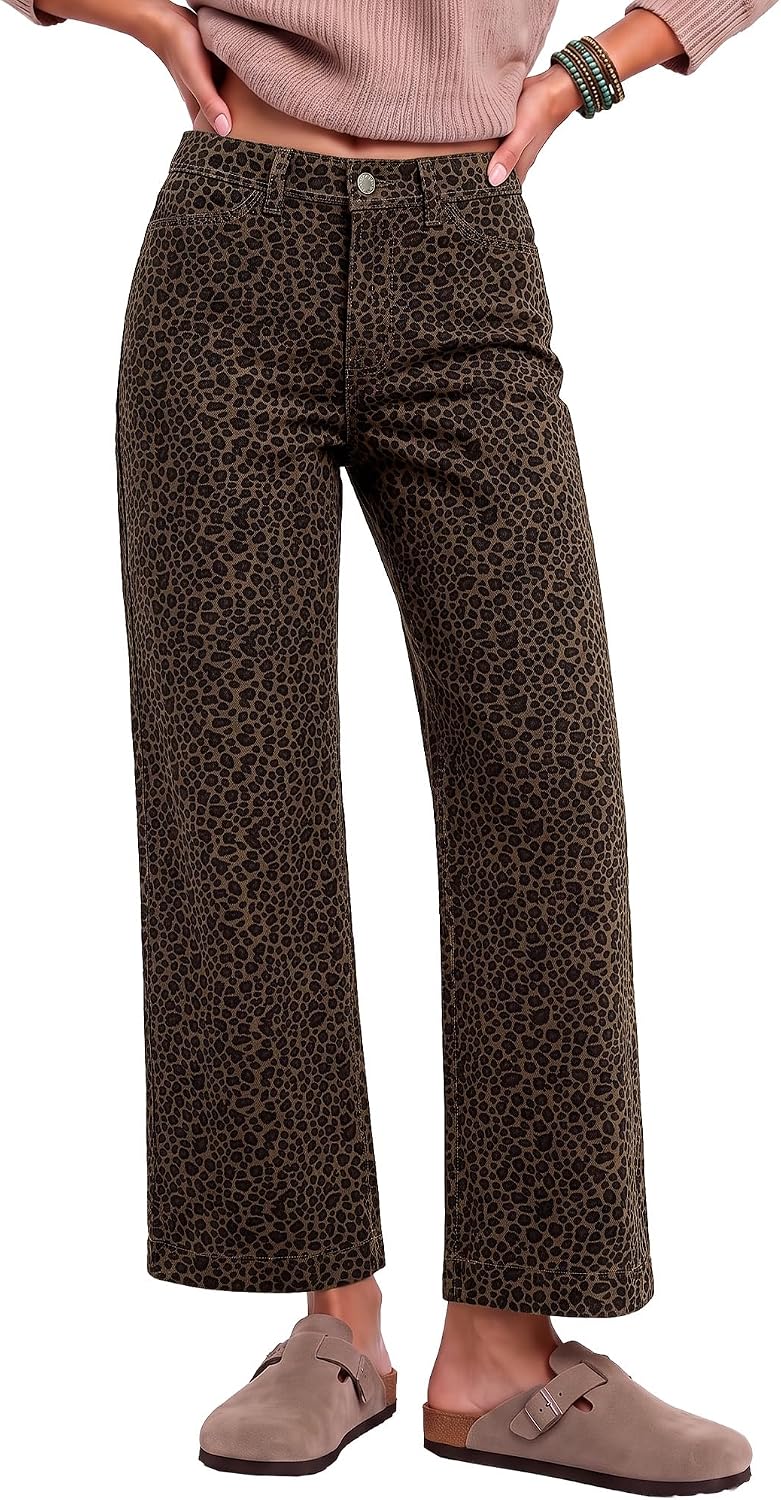 luvamia Wide Leg Jeans for Women Leopard Cheetah Print Ankle Denim Pants