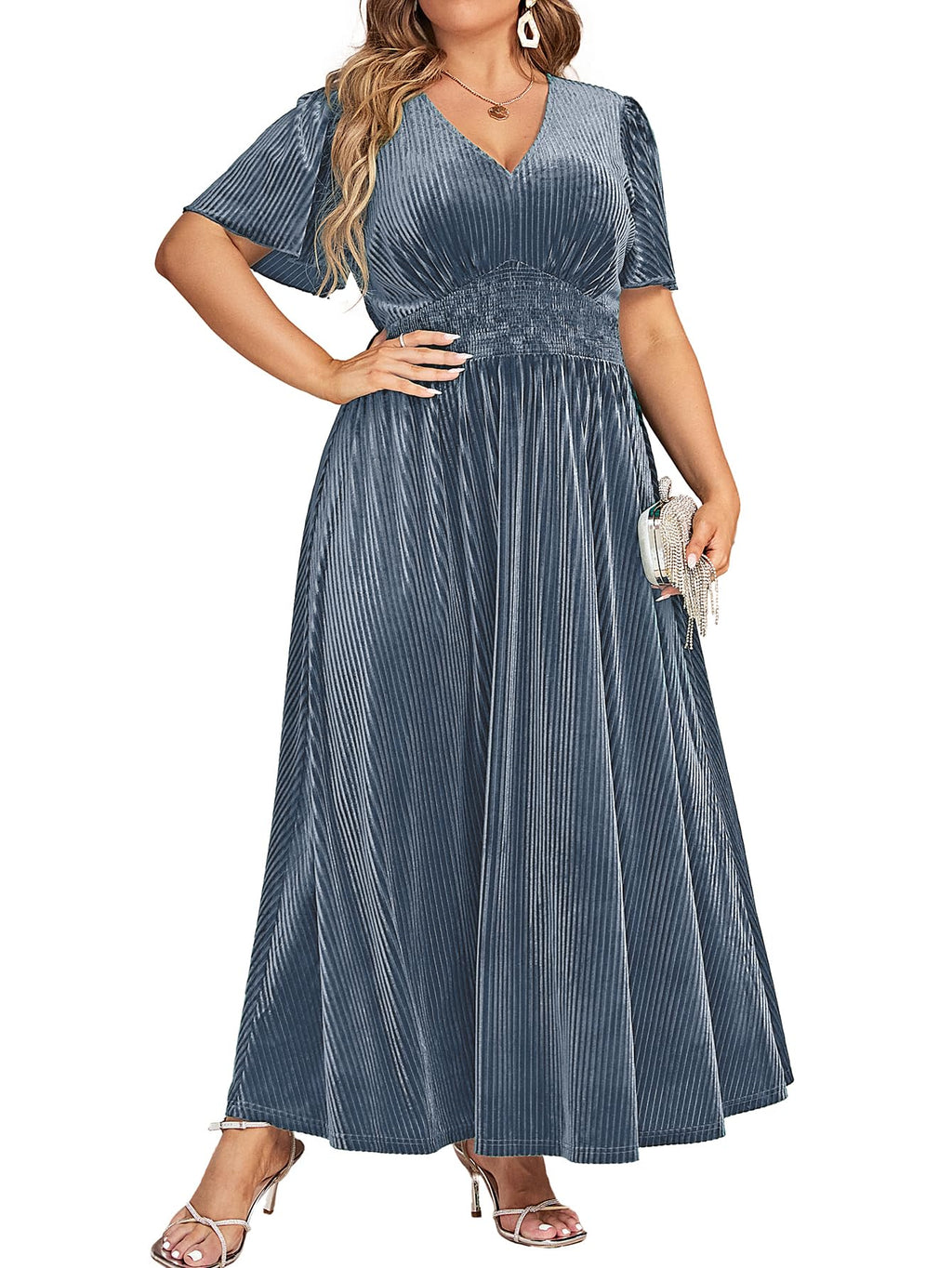 Simplee Women’s V Neck Velvet Maxi Dress Short Sleeve Empire Waist Long Formal Dress for Wedding Guest