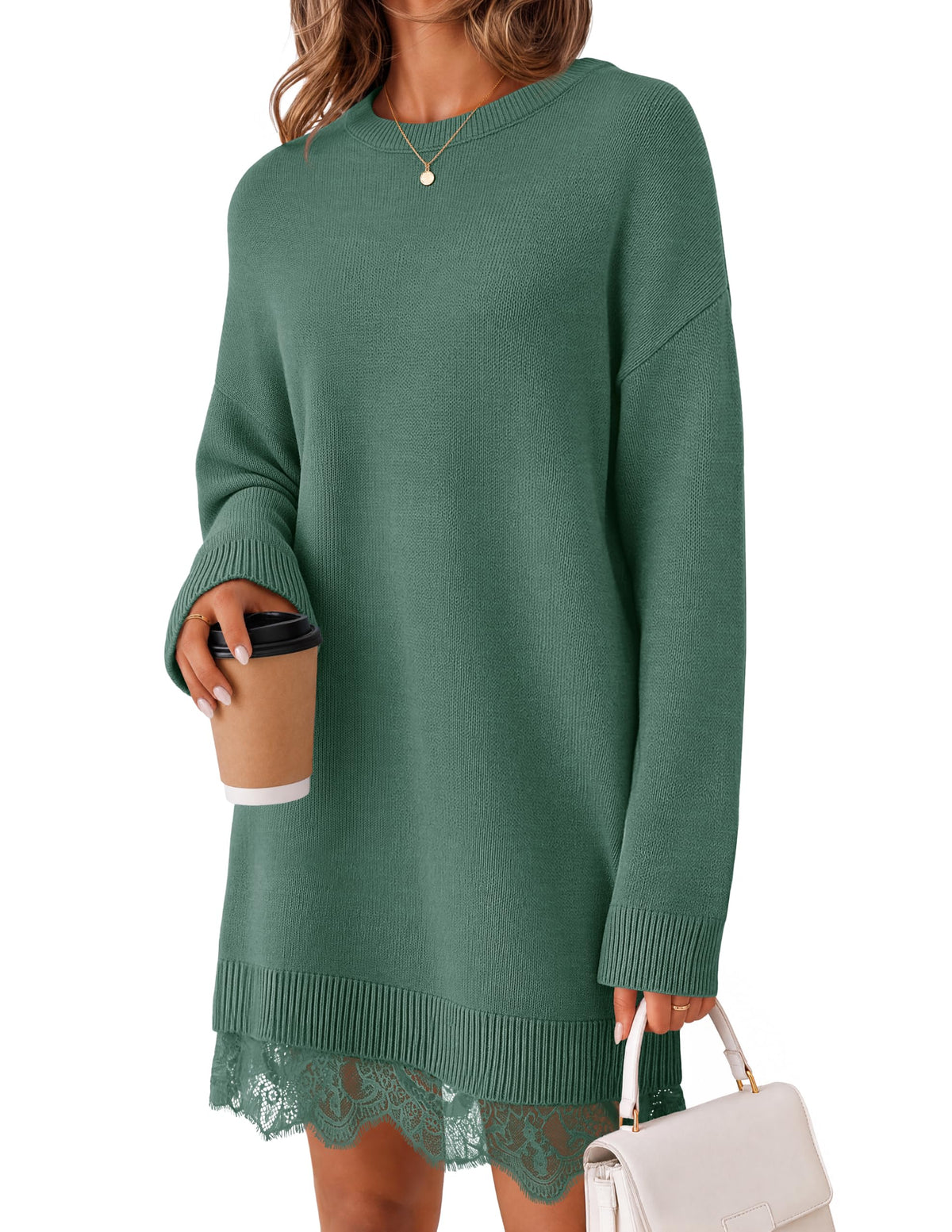MEROKEETY Women's Fall Long Sleeve Lace Oversized Casual Knit Sweater Dress