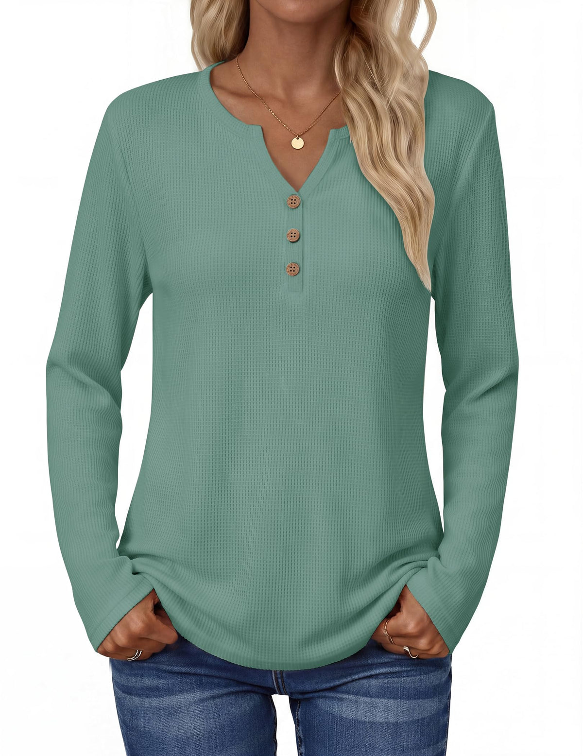 Zeagoo Women's Long Sleeve Waffle Knit Tops 2026 Fall Henley V Neck Shirts