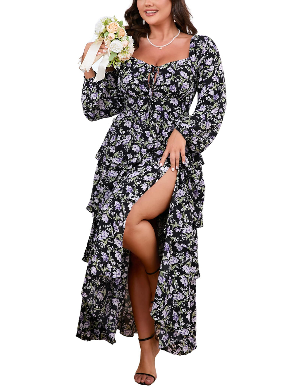 EYWOL Plus Size Long Sleeve Floral Tiered Semi Formal Wedding Guest Dress