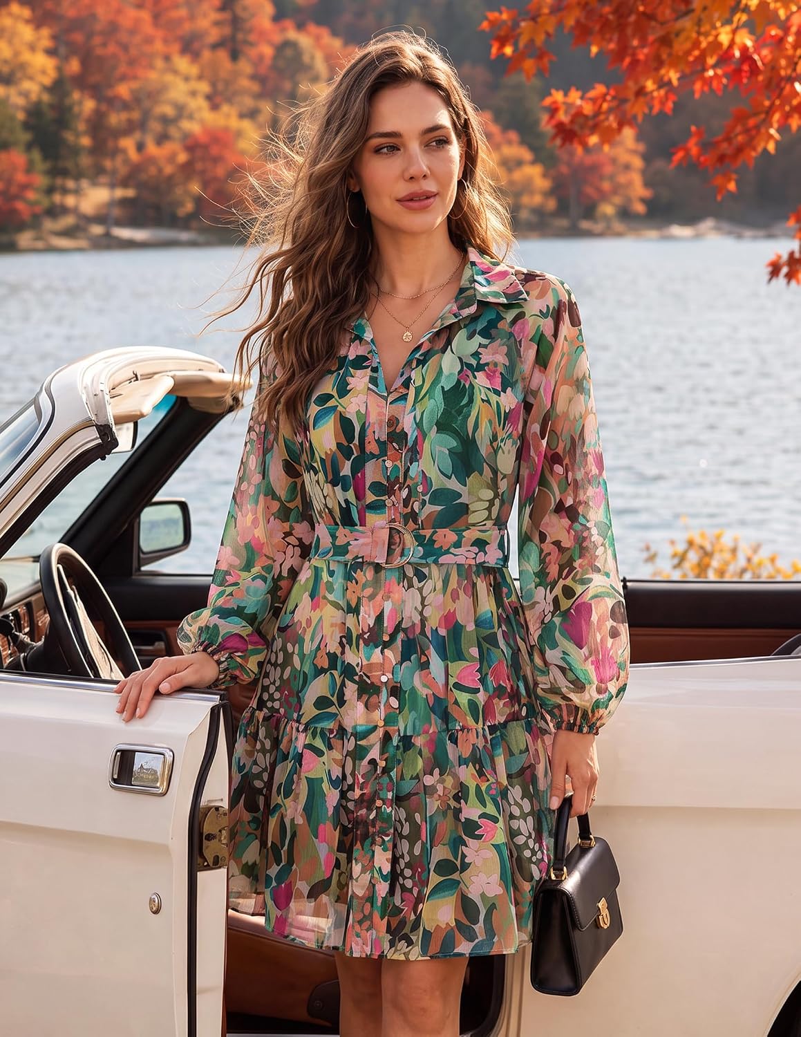 ZESICA Womens 2026 Fall Long Sleeve Floral Mini Dress