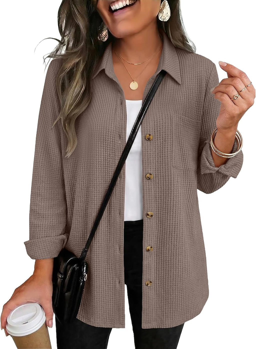 Zeagoo Womens Waffle Knit Shacket Button Down Long Sleeve Tops with Pocket
