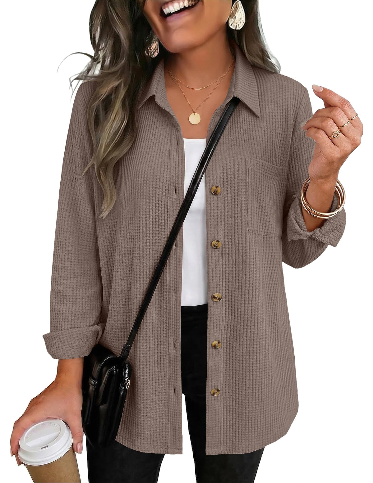 Zeagoo Womens Waffle Knit Shacket Button Down Long Sleeve Tops with Pocket
