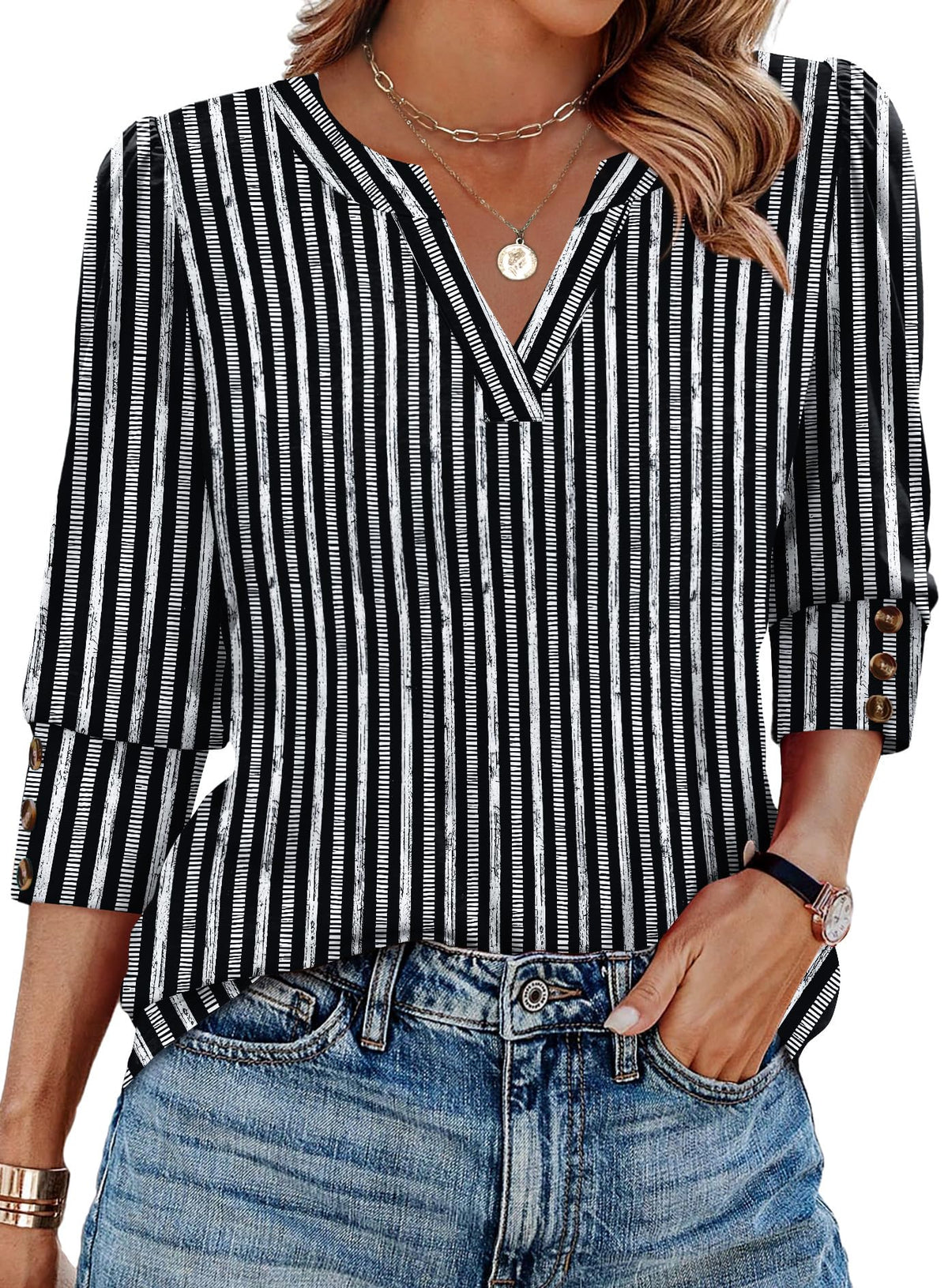 WIHOLL 3/4 Length Sleeve Womens Tops with Button Cuffs Dressy Casual V Neck Summer Outfits Early Fall Fashion Spring Clothes