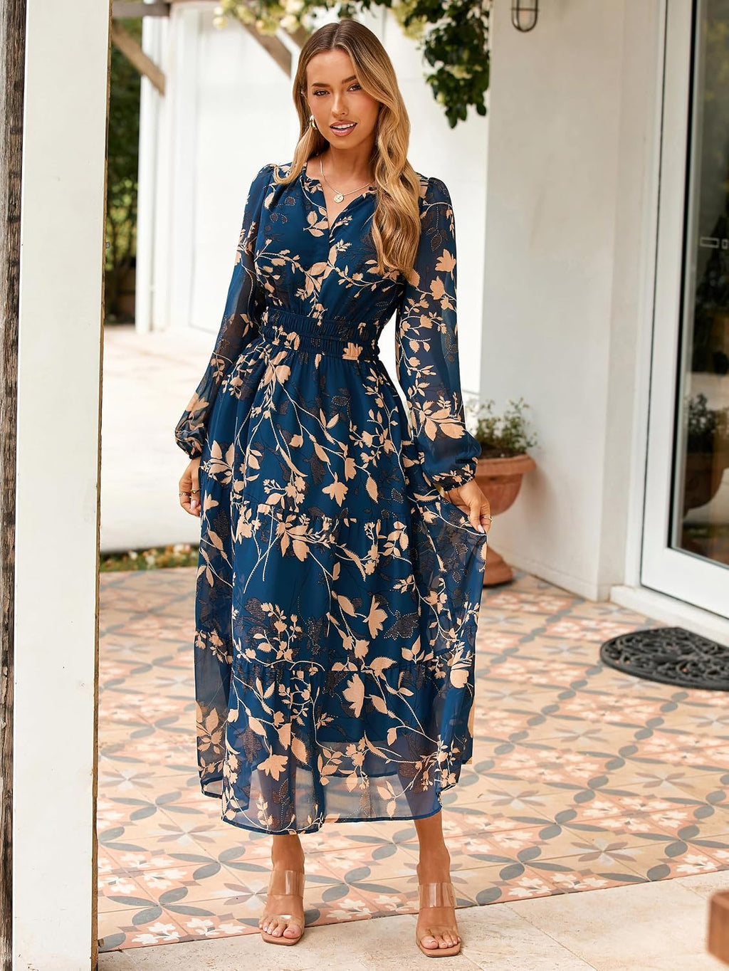Simplee Women's Floral Boho Long Sleeve Maxi Dress V Neck Empire Waist Swing Flowy Wedding Guest Dress