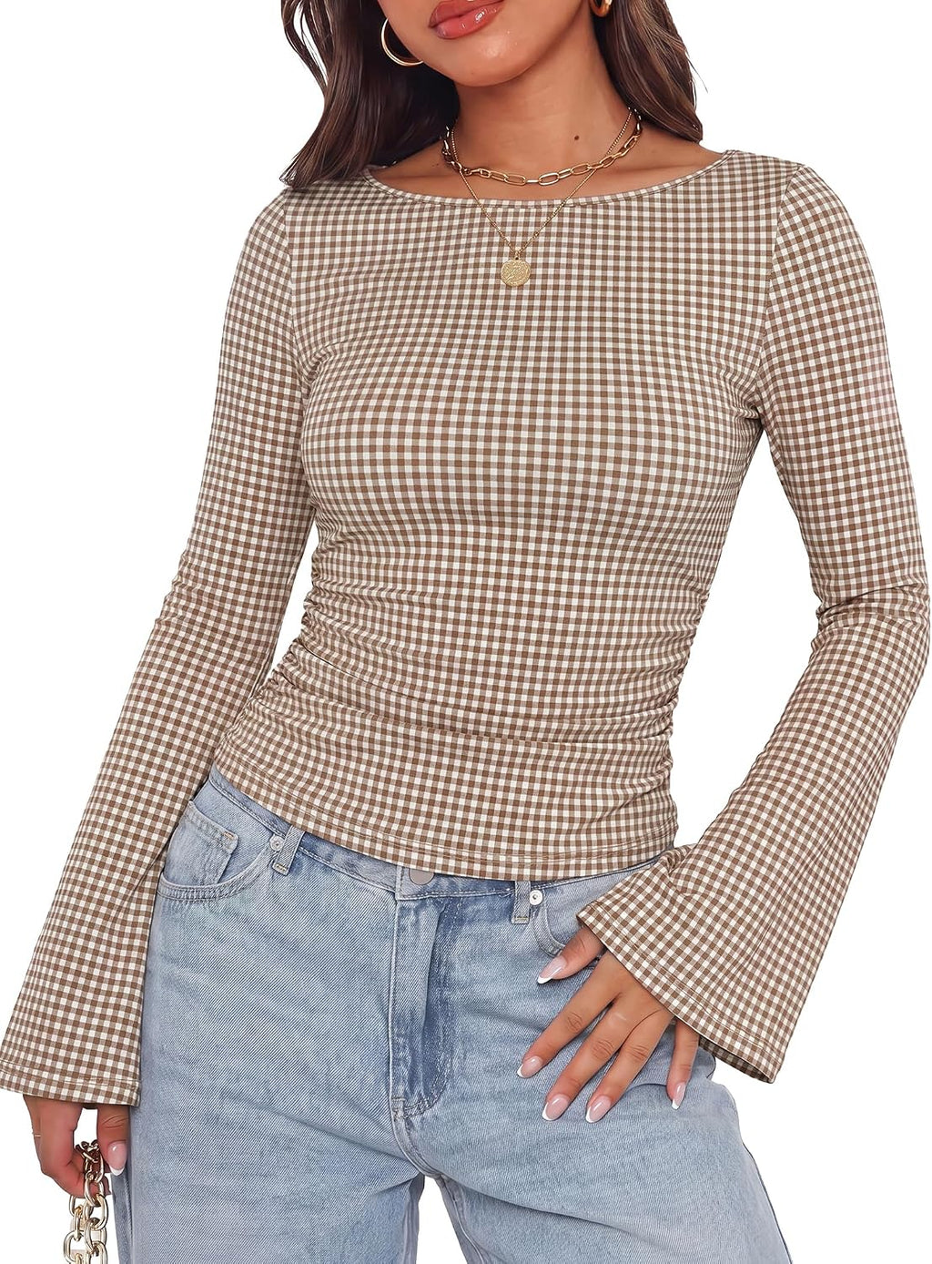 WIHOLL Bell Sleeve Tops for Women Boat Neck Ruched Ribbed Long Sleeve Fall Shirts for Women 2026