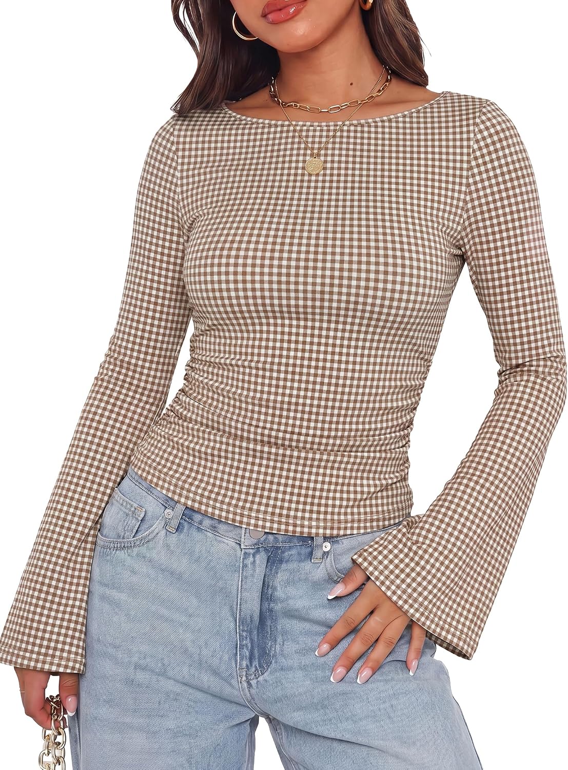 WIHOLL Bell Sleeve Tops for Women Boat Neck Ruched Ribbed Long Sleeve Fall Shirts for Women 2026