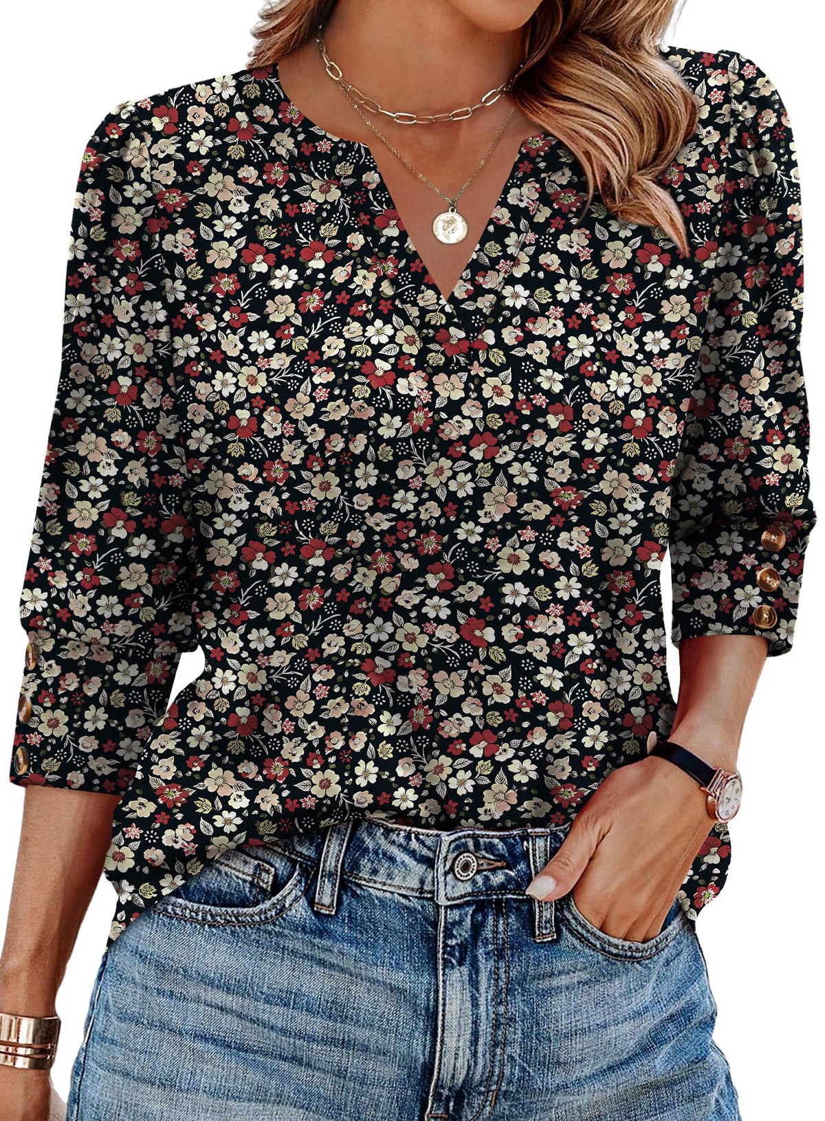 WIHOLL 3/4 Length Sleeve Womens Tops with Button Cuffs Dressy Casual V Neck Summer Outfits Early Fall Fashion Spring Clothes
