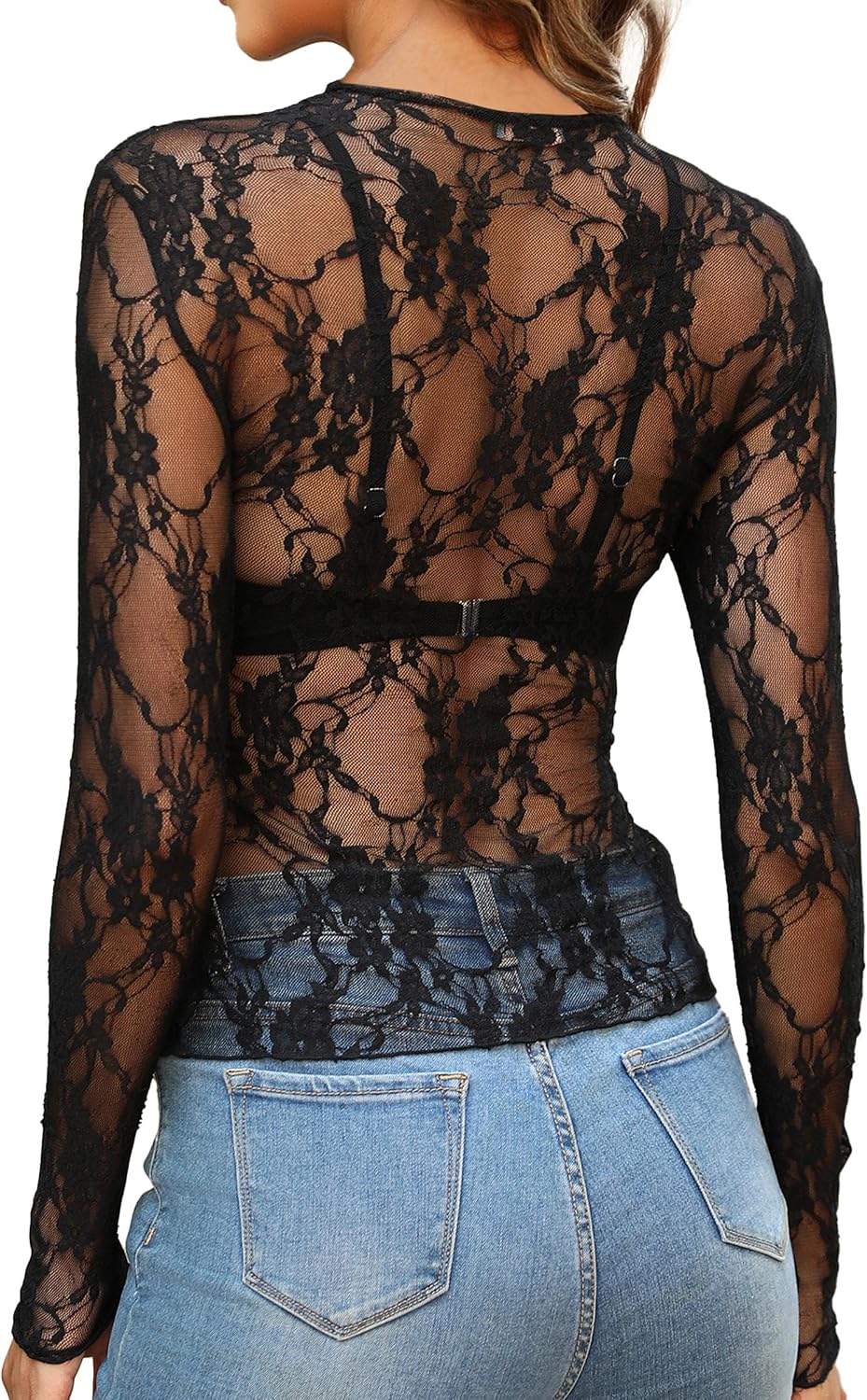 OFEEFAN Womens Mesh Tops Lace Long Sleeve Shirts Crewneck Slim Fitted Outfits See Through Blouses