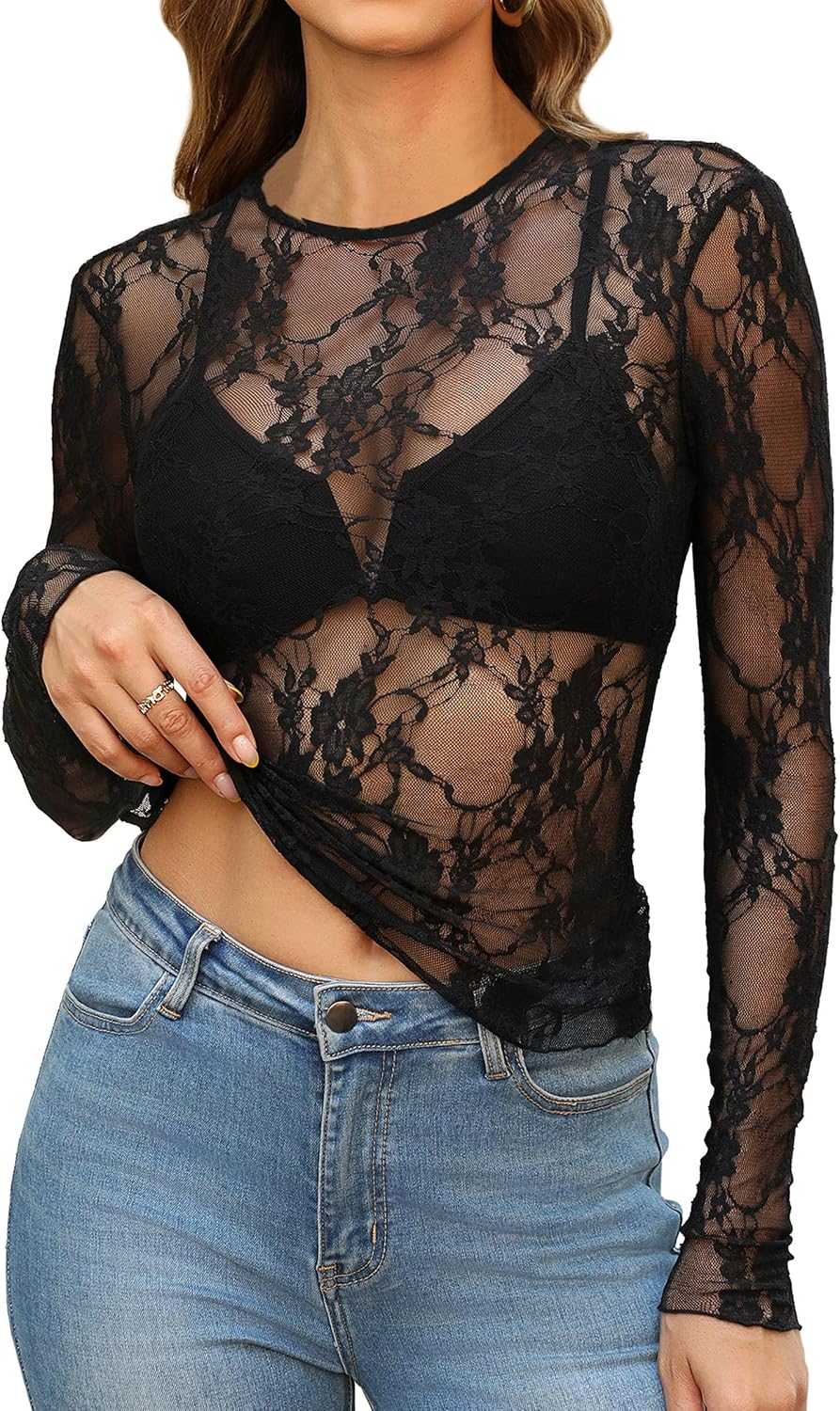 OFEEFAN Womens Mesh Tops Lace Long Sleeve Shirts Crewneck Slim Fitted Outfits See Through Blouses
