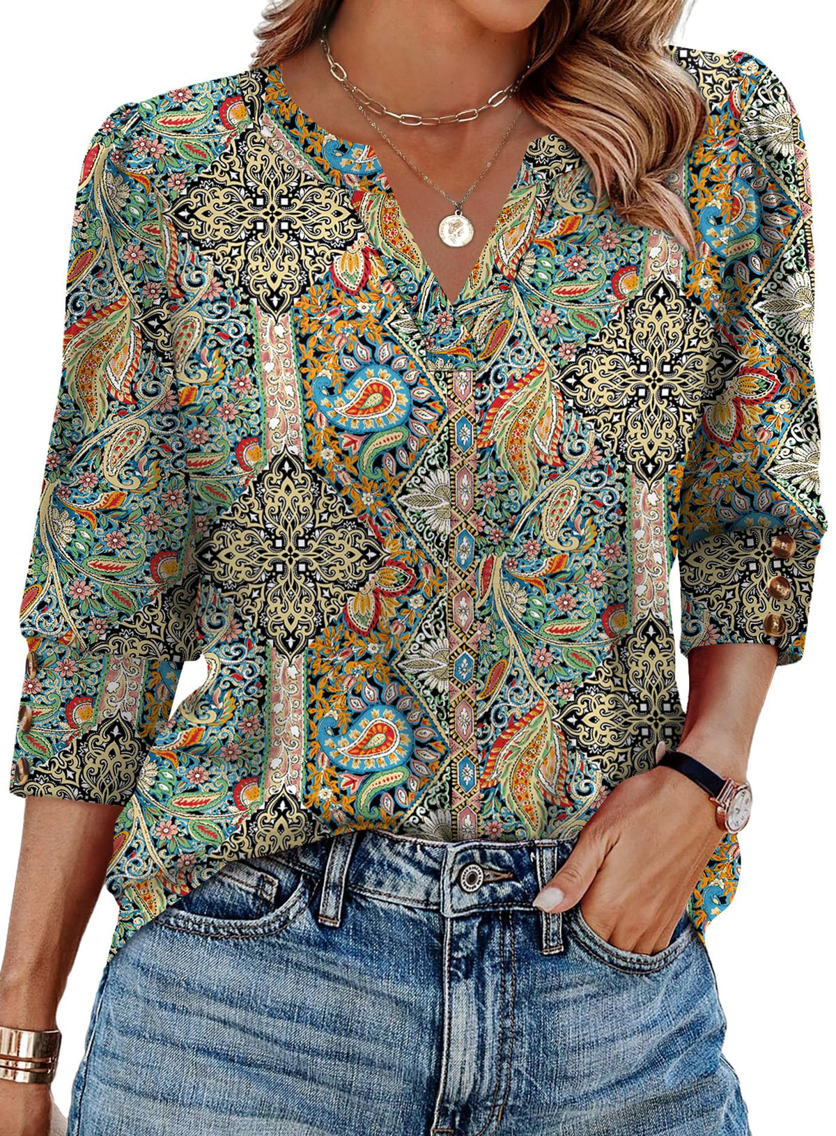 WIHOLL 3/4 Length Sleeve Womens Tops with Button Cuffs Dressy Casual V Neck Summer Outfits Early Fall Fashion Spring Clothes