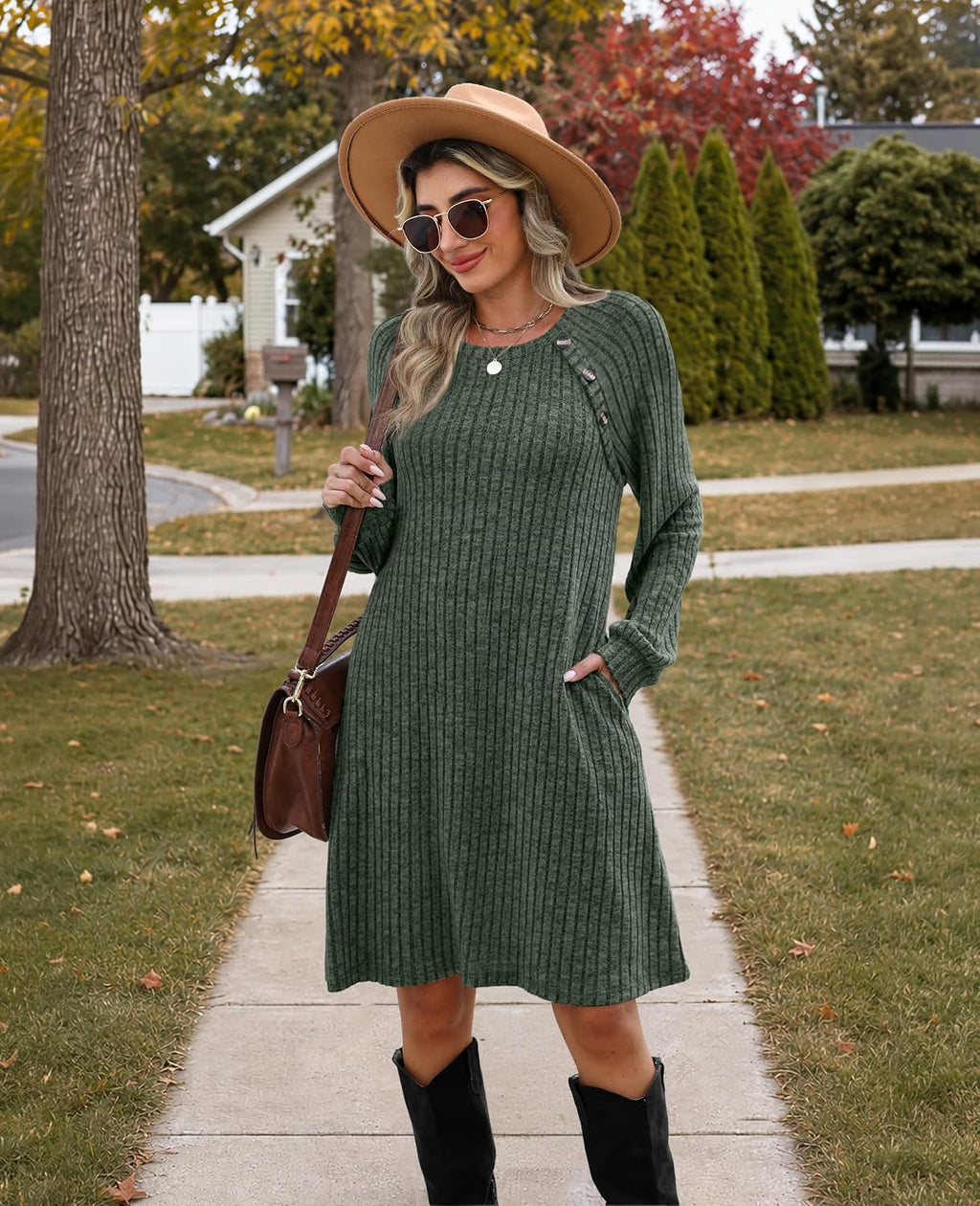 OFEEFAN Fall Dresses for Women 2026 Long Sleeve Dress with Pockets
