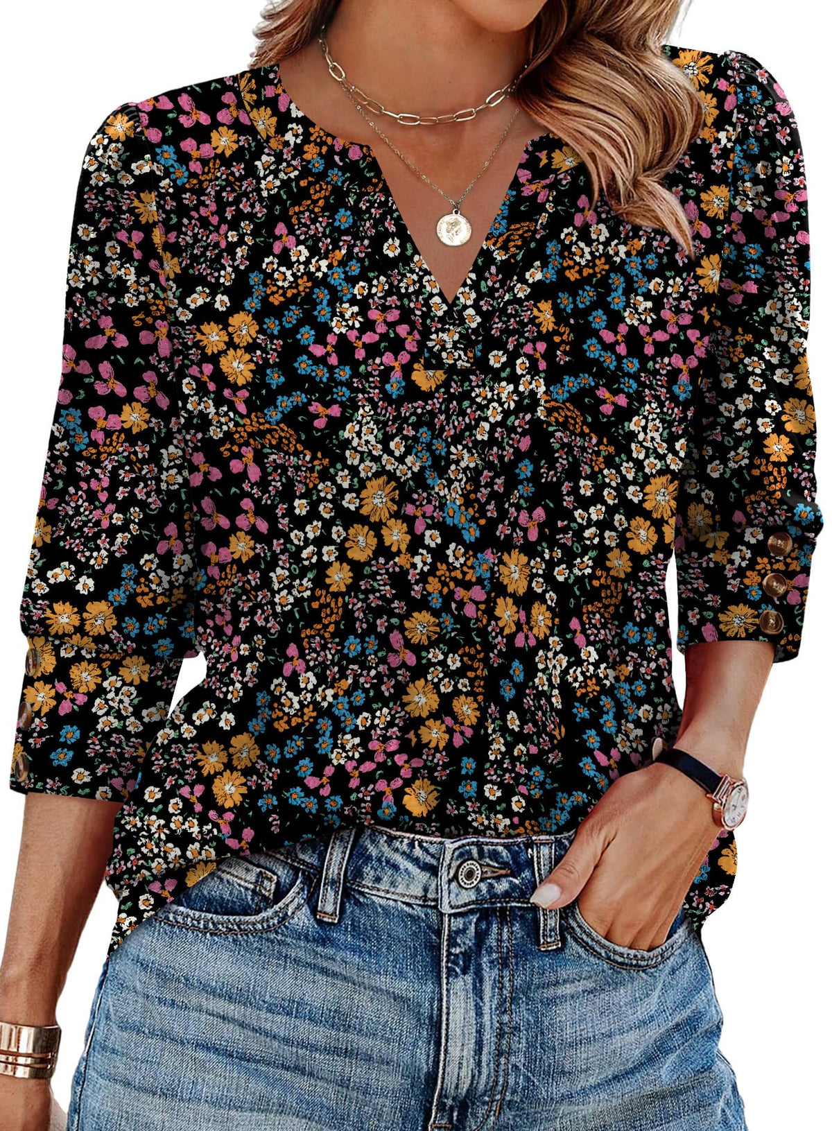 WIHOLL 3/4 Length Sleeve Womens Tops with Button Cuffs Dressy Casual V Neck Summer Outfits Early Fall Fashion Spring Clothes